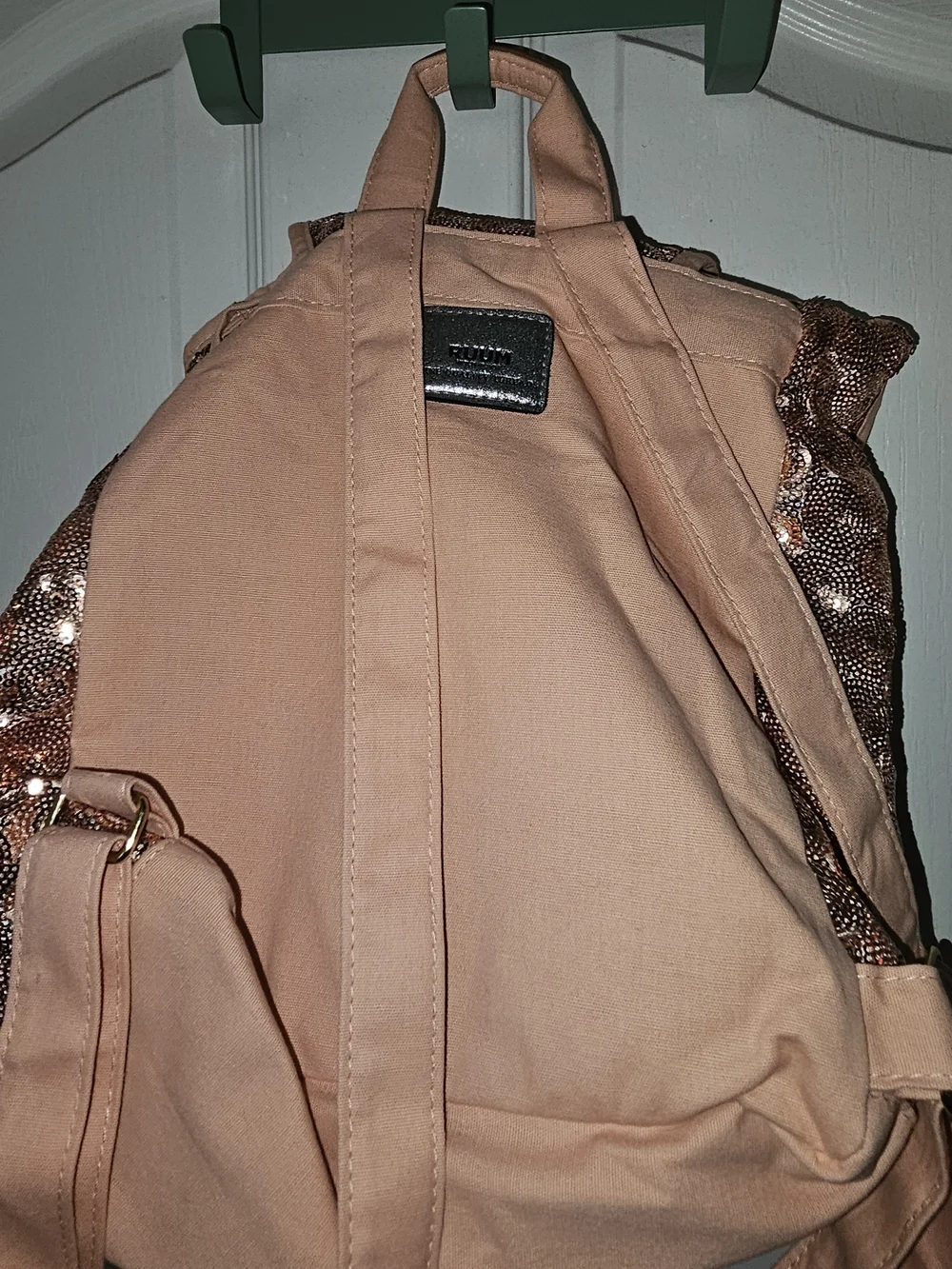 Ruum Rose Gold Sequin Drawstring Backpack with Blush Trim